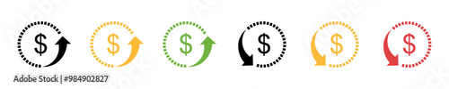 Dollar price up and down vector sign icon. Dollar coin graph up and down. Money cost arrow growth, decline. Currency investment. Market price. Up and down dollar arrow icon set. Vector illustration.