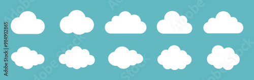 Vector illustration of the clouds set on blue background. Clouds collection. White cloudy set isolated on blue background. White clouds of different shapes. Collection of different white clouds.