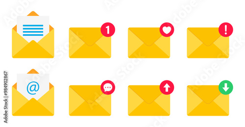 Notification message sign symbol. Notification, message or email vector icon set isolated on white background. Envelope message icon collection. Incoming message notification vector illustration.