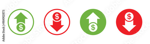 Dollar price up and down vector sign icon in flat or line style. Dollar coin graph up and down. Money cost arrow growth, decline. Currency investment. Market price. Up and down dollar arrow vector.