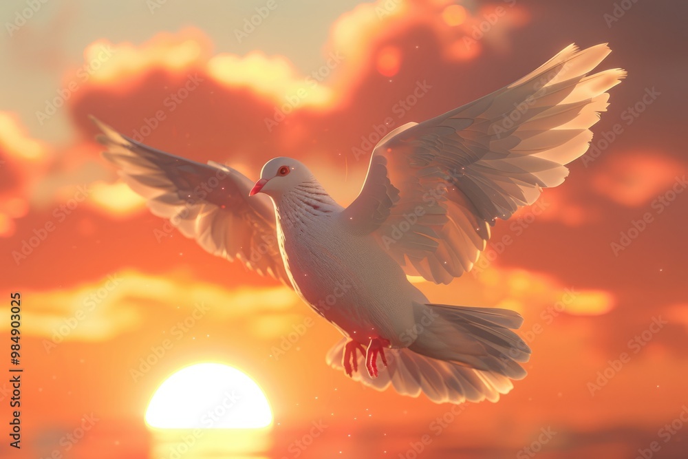 Dove flying with wings open in front of the sun. Dove flying with wings open in front of the sun.