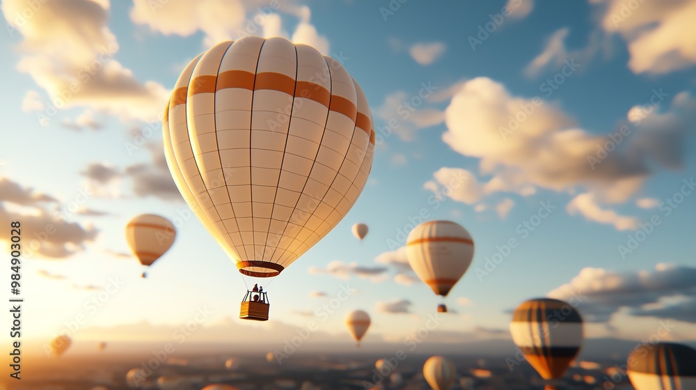 Obraz premium Colorful hot air balloons floating in the sky with soft clouds, rhythmic aerial calm, peaceful travel scene