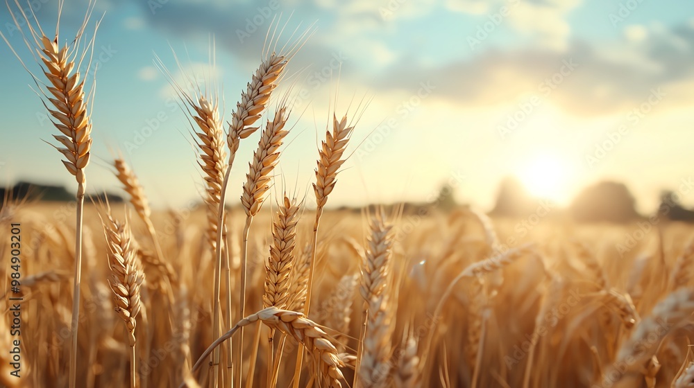 Golden wheat fields swaying in unison under a summer breeze, rhythmic agricultural flow, calming rural landscape Golden wheat fields swaying in unison under a summer breeze, rhythmic agricultural flow, calming rural landscape