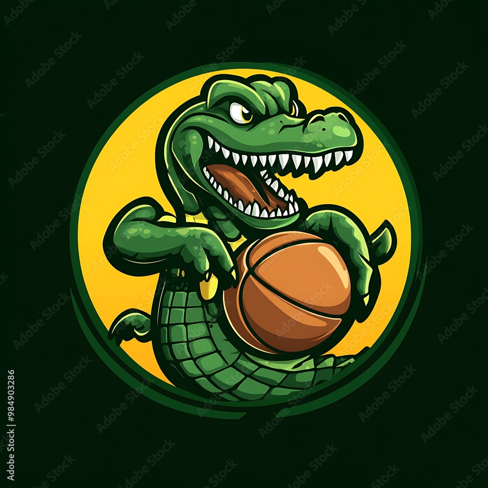 Obraz premium Cartoon alligator mascot holding basketball, mascot logo design for sports team or brand