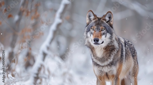 A grey wolf standing alert in a snowy forest, its piercing eyes focused ahead, fur blending with the wintry landscape