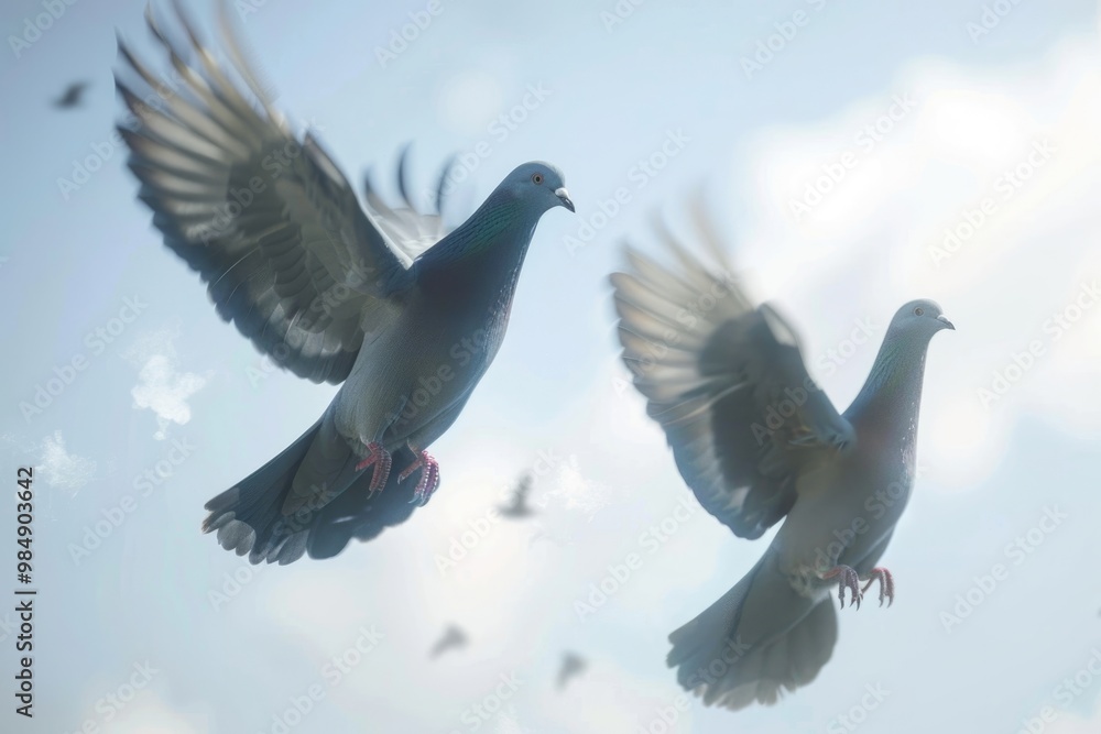 Fototapeta premium Twin pigeons in the air with wings wide open