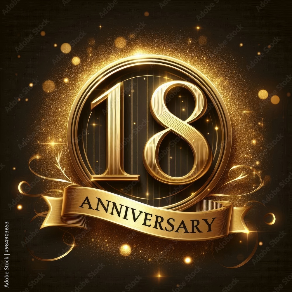 Gold illuminated design celebrating an 18th anniversary with sparkling ...