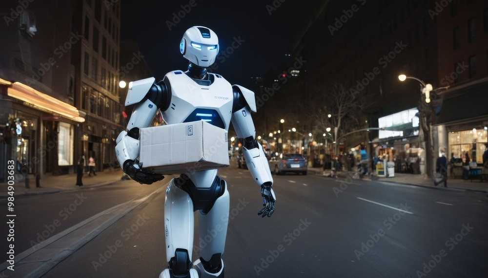 A high-tech robot carrying a package in the middle of a city street at night. The image, set against an urban backdrop, reflects the themes of technology, automation, and futuristic urban life A high-tech robot carrying a package in the middle of a city street at night. The image, set against an urban backdrop, reflects the themes of technology, automation, and futuristic urban life