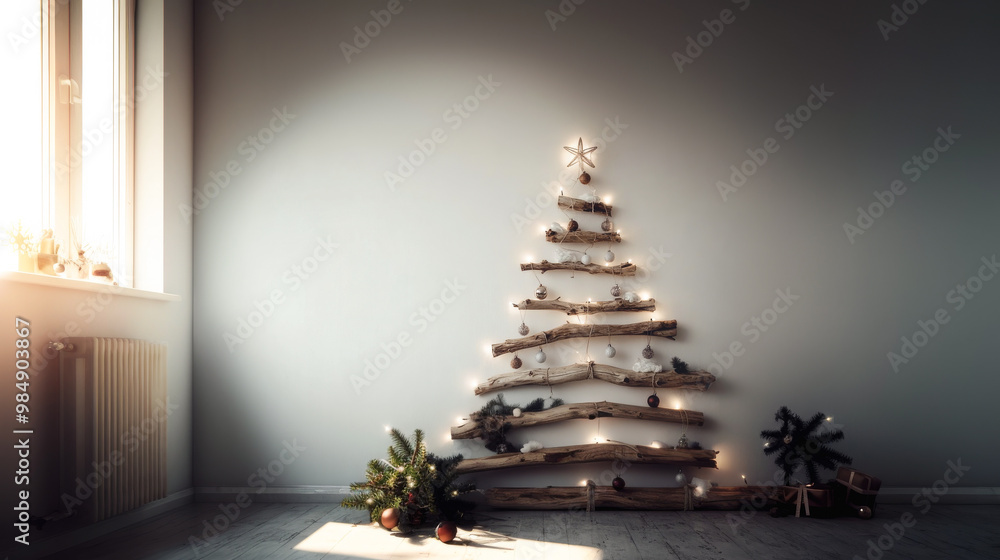 Alternative Eco christmas tree made from branches, driftwood and lights. Tree DIY n interior. Eco holiday at home. Idea creative Zero waste decorations home at holiday Alternative Eco christmas tree made from branches, driftwood and lights. Tree DIY n interior. Eco holiday at home. Idea creative Zero waste decorations home at holiday