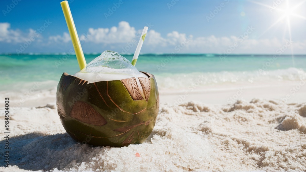 Refreshing Coconut Water on a Tropical Beach Setting Refreshing Coconut Water on a Tropical Beach Setting