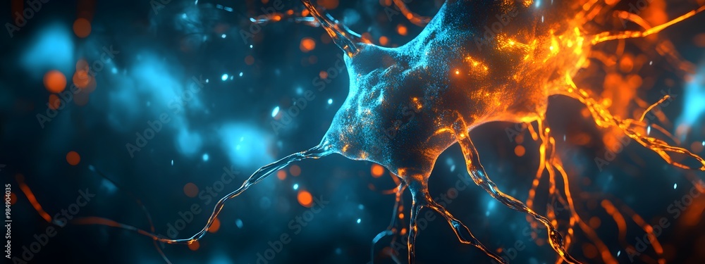 Close-up view of an active neuron cell in the brain, glowing and pulsing with energy. In the background, a blurred-out dark blue and black. The overall tone should be a cold blue and warm orange. Close-up view of an active neuron cell in the brain, glowing and pulsing with energy. In the background, a blurred-out dark blue and black. The overall tone should be a cold blue and warm orange.