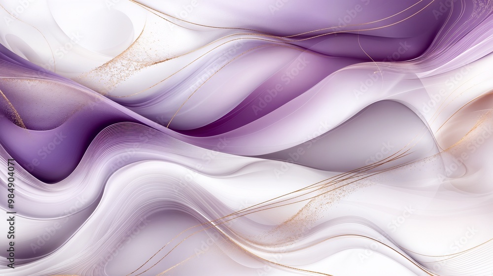 Obraz premium Abstract fluid design with soft lavender and white waves featuring golden accents and copy space