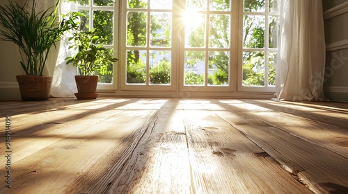 Warm sunlight creating soft patterns on a wooden floor, rhythmic interior light, calming home setting