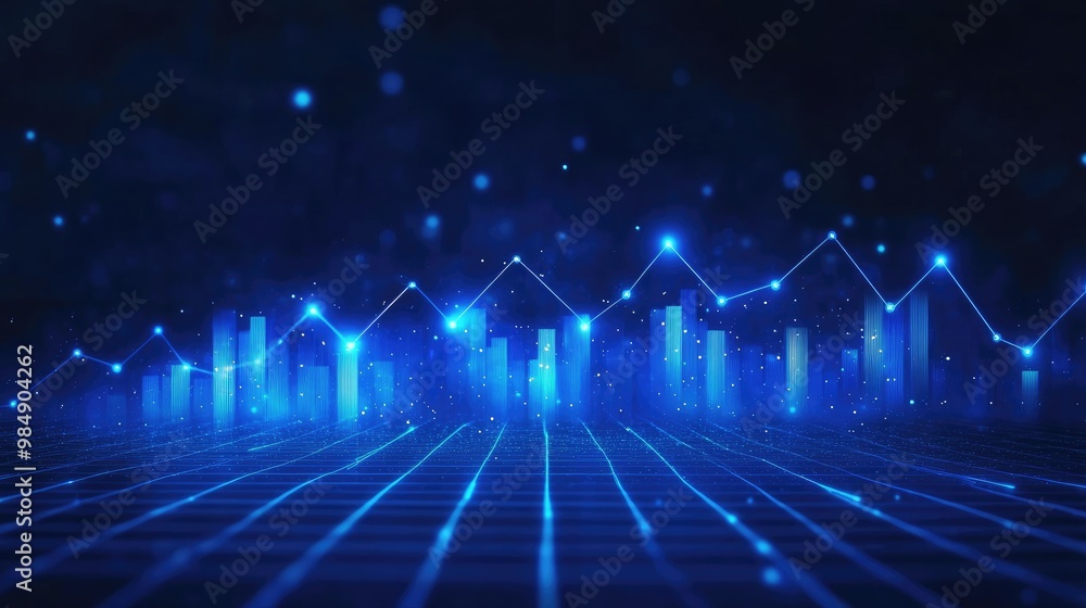 Fototapeta premium Abstract blue background with glowing lines and data points representing growth and progress.