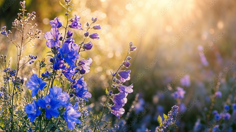 Beautiful blue wildflowers glowing in sunlight with soft bokeh background and copy space Beautiful blue wildflowers glowing in sunlight with soft bokeh background and copy space