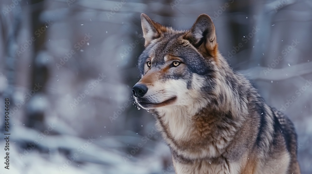 A grey wolf standing alert in a snowy forest, its piercing eyes focused ahead, fur blending with the wintry landscape A grey wolf standing alert in a snowy forest, its piercing eyes focused ahead, fur blending with the wintry landscape