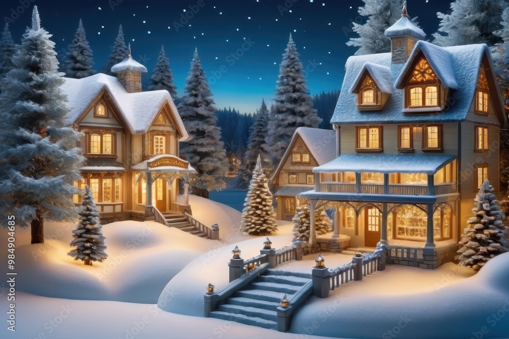 A serene winter scene with cozy houses surrounded by snow-covered trees under a starry night sky. A serene winter scene with cozy houses surrounded by snow-covered trees under a starry night sky.