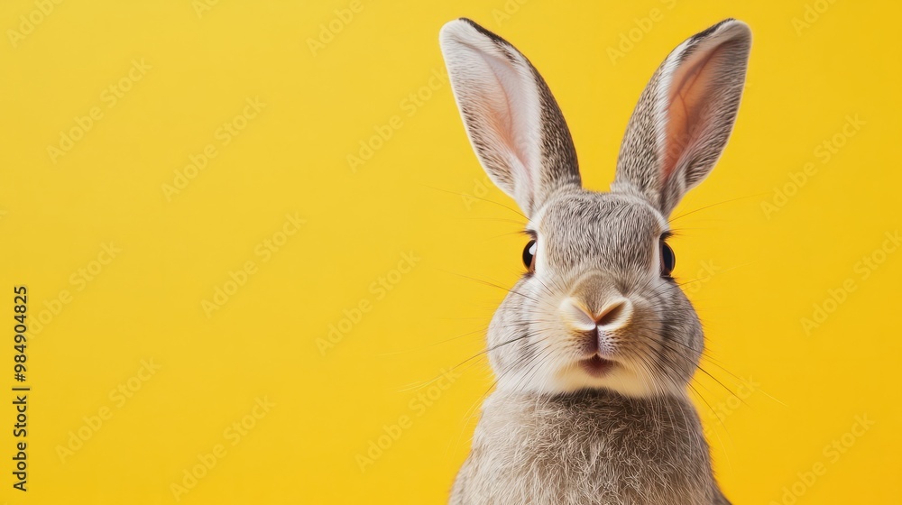Fototapeta premium Surprised bunny against a vivid yellow background, perfect for Easter promotions, pet care advertising, or vibrant spring-themed graphics. Copy space for text. Easter sale, discount.