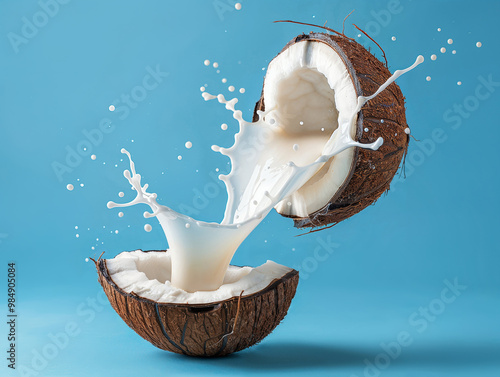 Coconut Halves with Coconut Milk Splash on Blue Background