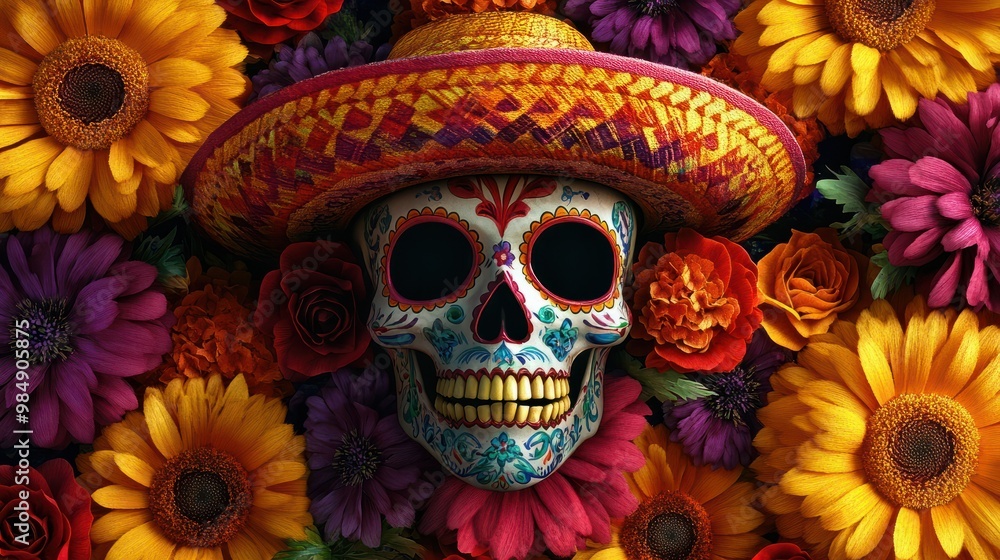 Vibrant and detailed skull with sombrero amidst traditional flowers for dia de los muertos. Mexican background for Mexico festive festival Cinco de mayo Vibrant and detailed skull with sombrero amidst traditional flowers for dia de los muertos. Mexican background for Mexico festive festival Cinco de mayo