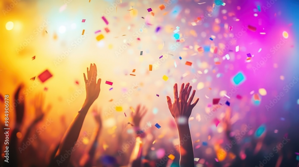 Hands reaching up through falling confetti under colorful lighting, symbolizing joy and celebration. Concept: Festival, unity, and happiness. Hands reaching up through falling confetti under colorful lighting, symbolizing joy and celebration. Concept: Festival, unity, and happiness.