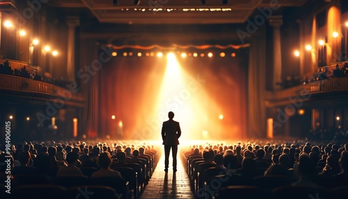 Audience captivated by speaker on illuminated stage in dim auditorium photo