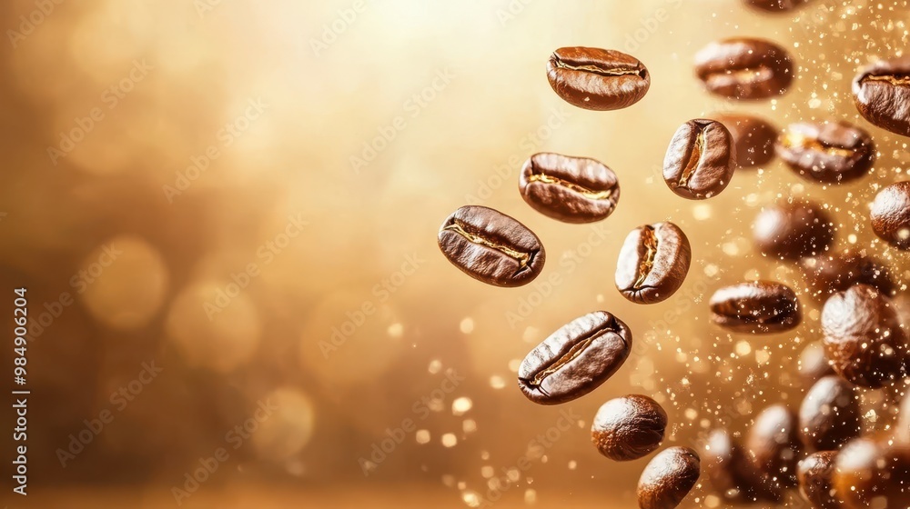 Steaming cup of coffee surrounded by floating coffee beans in motion, on a warm-toned background. Concept: Fresh coffee and energy boost. Steaming cup of coffee surrounded by floating coffee beans in motion, on a warm-toned background. Concept: Fresh coffee and energy boost.