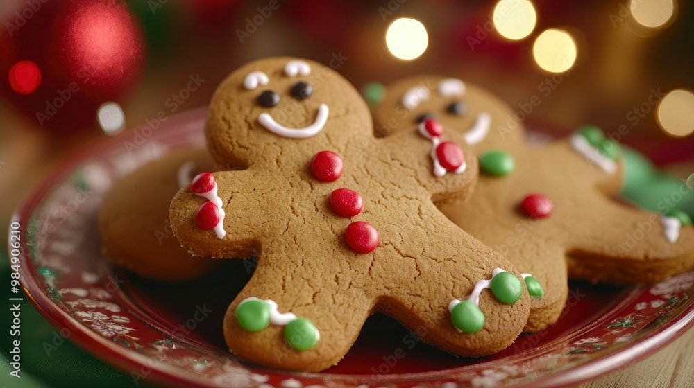 Gingerbread men cookies with red and green buttons, placed on a festive holiday plate, ready to be enjoyed. Gingerbread men cookies with red and green buttons, placed on a festive holiday plate, ready to be enjoyed.