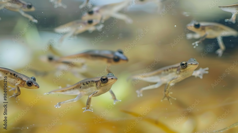 A group of tiny tadpoles swimming through a clear pond, their small bodies moving rapidly A group of tiny tadpoles swimming through a clear pond, their small bodies moving rapidly