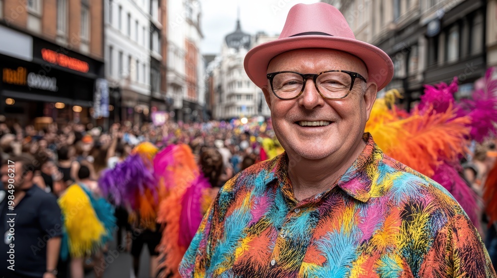 Naklejka premium Smiling elderly man in a colorful shirt and pink hat at a festive street parade, with a vibrant crowd in the background. Concept: Celebration and joy.