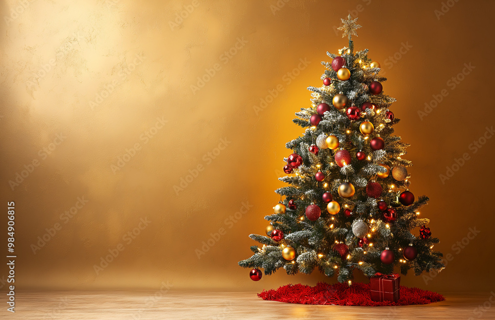 A beautifully decorated Christmas tree on golden or beige background with copy space for text A beautifully decorated Christmas tree on golden or beige background with copy space for text