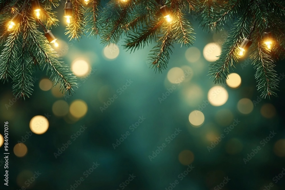 Christmas tree branches with garland lights on bokeh background. Christmas tree branches with garland lights on bokeh background.