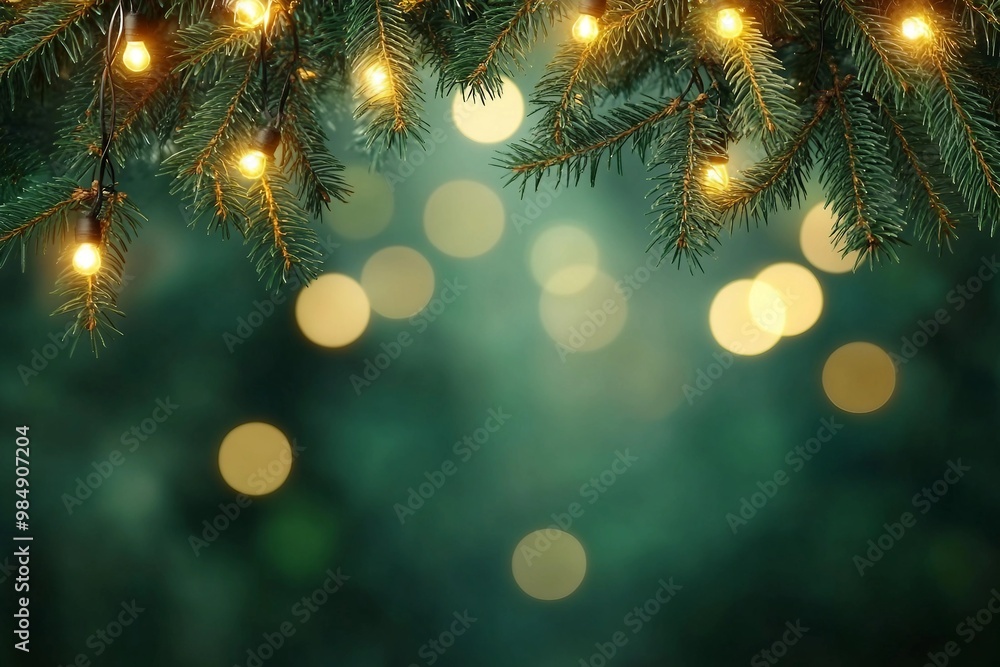 Christmas tree branches with garland lights on bokeh background. Christmas tree branches with garland lights on bokeh background.