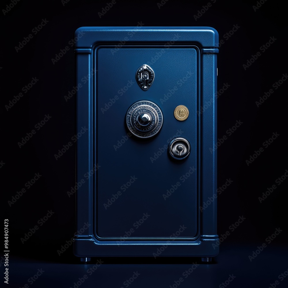 Blue steel safe with a combination lock and a handle. Blue steel safe with a combination lock and a handle.