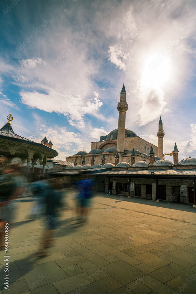 Majestic Mosque with Dome and Minarets Under Bright Sky, Selimiye Mosque in Konya, Turkey