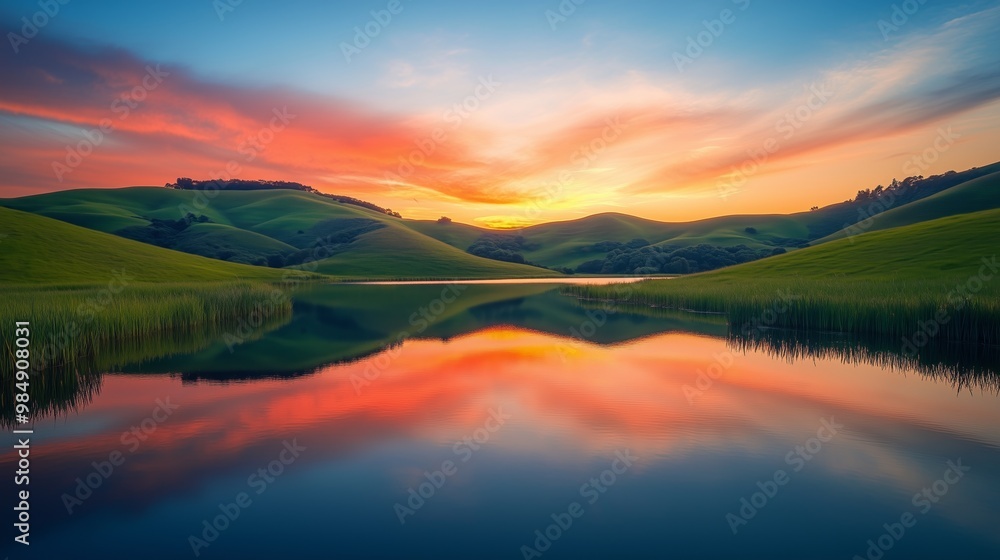 Fototapeta premium A beautiful sunset over a lake with mountains in the background. The sky is filled with vibrant colors, creating a serene and peaceful atmosphere. The reflection of the mountains.