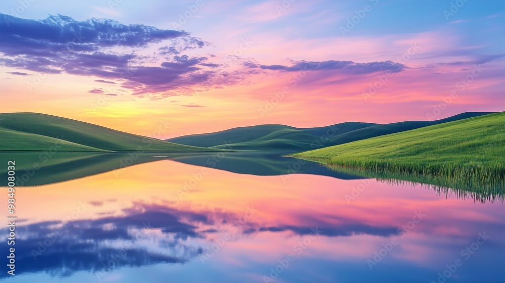 Obraz premium A beautiful sunset over a lake with mountains in the background. The sky is filled with vibrant colors, creating a serene and peaceful atmosphere. The reflection of the mountains.