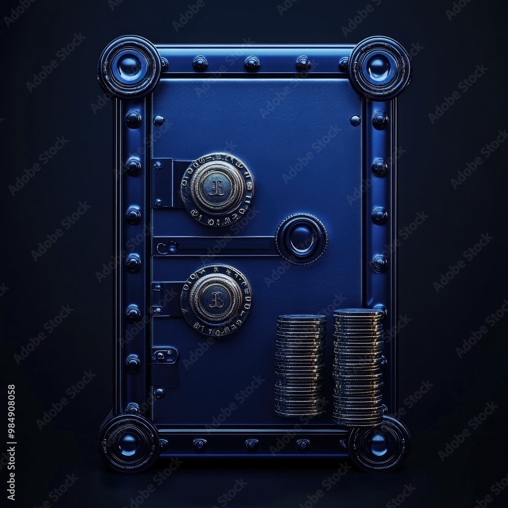 A blue metal safe with two combination locks and stacked coins in front of it. A blue metal safe with two combination locks and stacked coins in front of it.