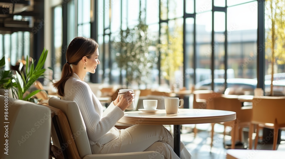 A stylish individual enjoying a cup of coffee at a chic cafe with modern decor and large windows. A stylish individual enjoying a cup of coffee at a chic cafe with modern decor and large windows.