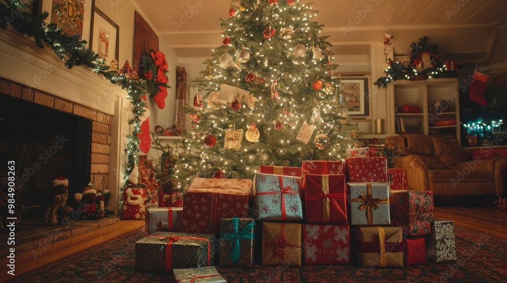Holiday presents wrapped in silver, gold, and red, arranged in neat stacks under a decorated Christmas tree. Holiday presents wrapped in silver, gold, and red, arranged in neat stacks under a decorated Christmas tree.