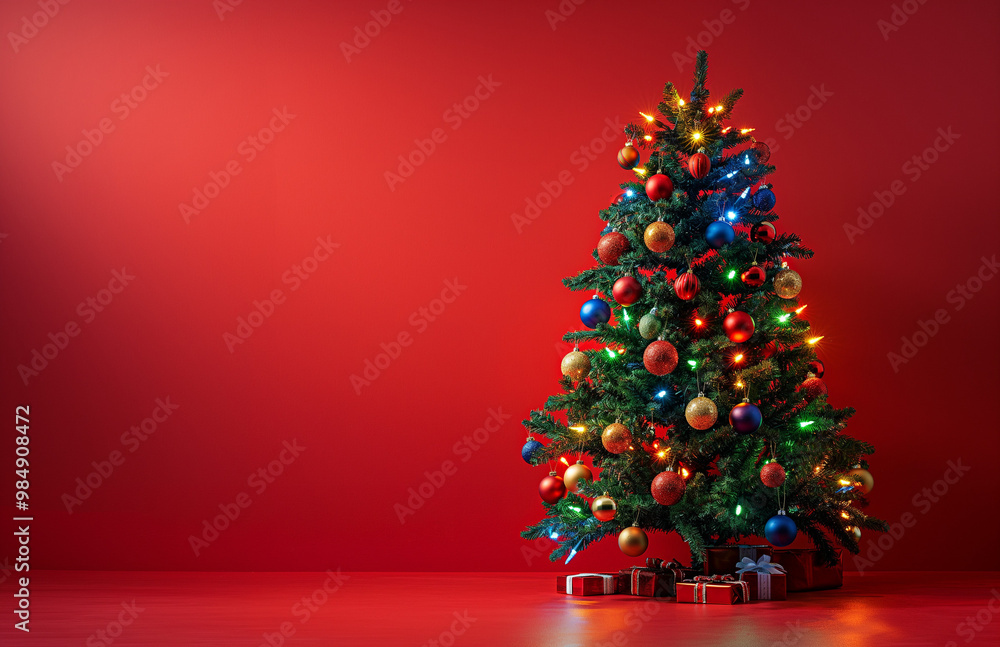 A beautifully decorated Christmas tree on red background with copy space for text A beautifully decorated Christmas tree on red background with copy space for text