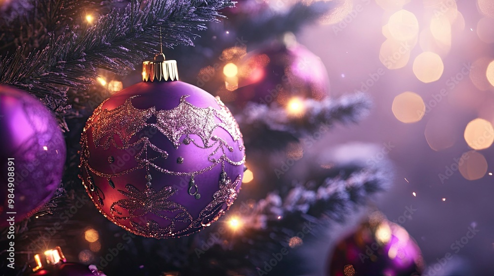 Ornate Christmas ornaments in shades of purple and gold, hanging on a beautifully lit tree. Ornate Christmas ornaments in shades of purple and gold, hanging on a beautifully lit tree.