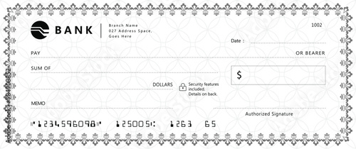 Bank check, vector blank money cheque, checkbook template with guilloche pattern and fields. Currency payment coupon, money check background