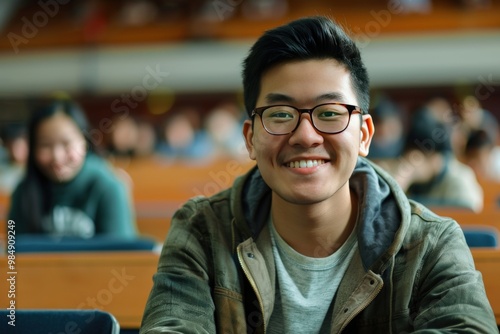 A young man with a plaid shirt and a smile is sitting in a classroom, generative ai image photo