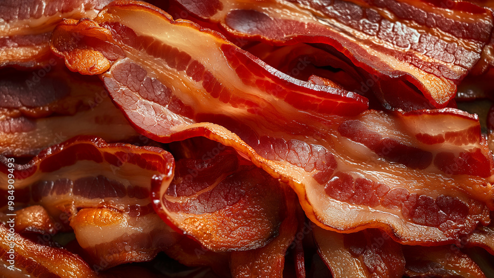 Close-up of crispy bacon strips, showcasing golden-brown texture and rich color, perfect for food backgrounds and culinary projects. Close-up of crispy bacon strips, showcasing golden-brown texture and rich color, perfect for food backgrounds and culinary projects.