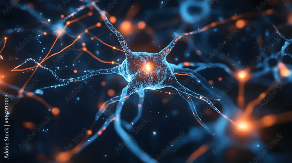 Close-up view of an active neuron cell in the brain, glowing and pulsing with energy. In the background, a blurred-out dark blue and black. The overall tone should be a cold blue and warm orange. Close-up view of an active neuron cell in the brain, glowing and pulsing with energy. In the background, a blurred-out dark blue and black. The overall tone should be a cold blue and warm orange.