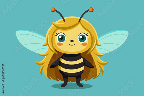 Cute bee with long hair vector art illustration and different solid color backgrounds. 