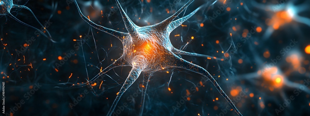 Close-up view of an active neuron cell in the brain, glowing and pulsing with energy. In the background, a blurred-out dark blue and black. The overall tone should be a cold blue and warm orange. Close-up view of an active neuron cell in the brain, glowing and pulsing with energy. In the background, a blurred-out dark blue and black. The overall tone should be a cold blue and warm orange.