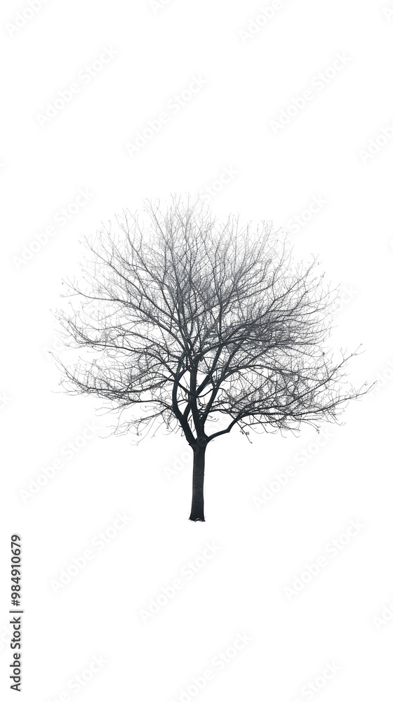 Fototapeta premium A single bare tree with branches reaching towards the sky stands out against a white background, showcasing its silhouette in stark detail.