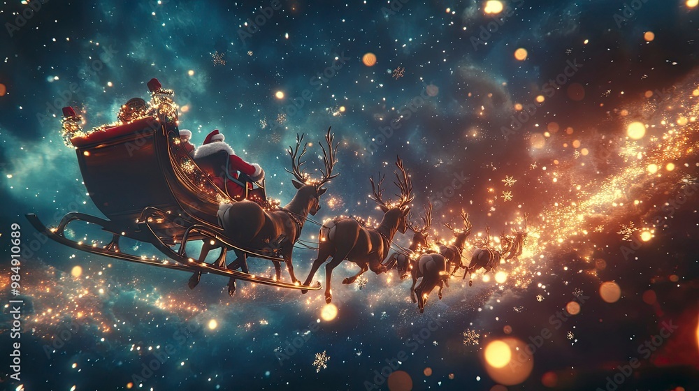 Santaa??s sleigh flying across the night sky, pulled by reindeer with glowing holiday lights twinkling in the background. Santaa??s sleigh flying across the night sky, pulled by reindeer with glowing holiday lights twinkling in the background.